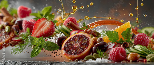 High-quality food illustration, wide panoramic composition for a food blog cover. Splashes of olive oil and a ribbon of honey curving across the frame with suspended droplets; one strawberry half, two