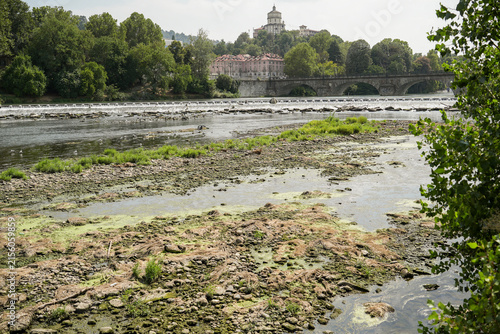 Low water levels in the Po River in Turin, Italy, amid drought and prolonged high temperatures during the exceptionally hot summer of 2026.