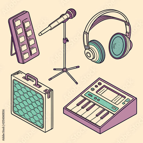 Music production gear - keyboard microphone headphones and amp with digital audio workstation