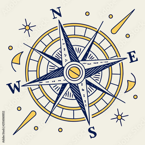 Nautical compass rose with directional points and meteors nautical direction navigation