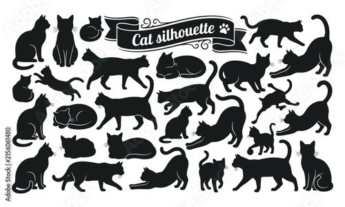 Collection of black cat silhouettes in various poses and activities isolated on white