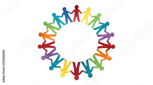 Paper chain of colorful people holding hands in a circle isolated on transparent background