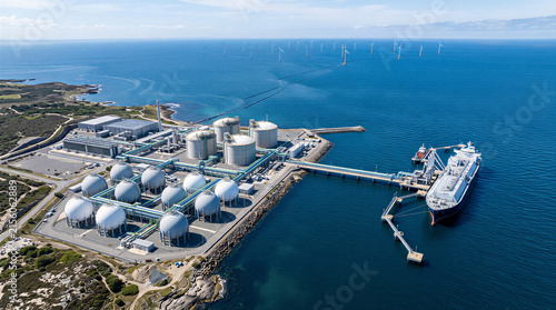Offshore wind farm and coastal industrial complex with tanker ship