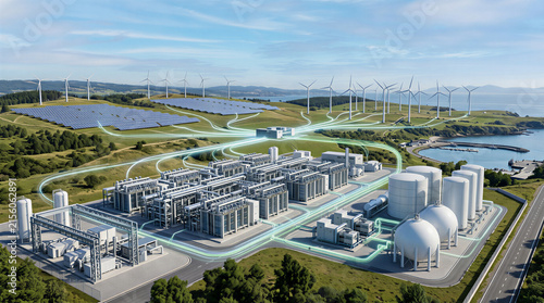 Renewable energy complex with solar panels wind turbines and storage tanks
