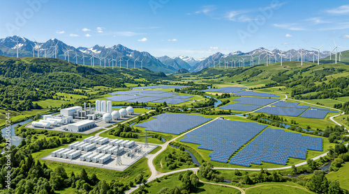 Aerial view of a solar farm and wind turbine field with mountainous backdrop