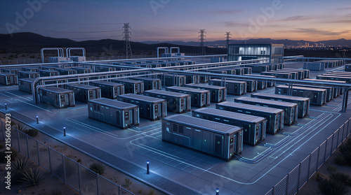 Large battery energy storage system with illuminated connections at dusk