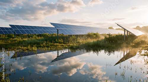 Solar panels reflecting in water during a golden hour sunset