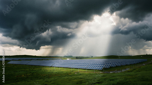Solar panel farm under dramatic stormy skies with bright sunlight breaking through