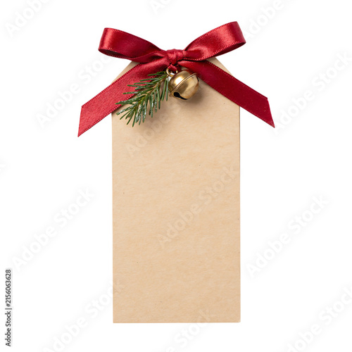 Gift tag with satin ribbon bow and pine sprig during festive season Isolated on transparent background