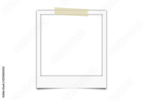PNG polaroid instant photo frame for realistic portrait mockup and overlay with adhesive tape on wall, white blank picture or film frame with shadow on transparent background. Vector.