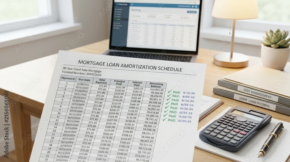 Obraz premium Laptop displays mortgage loan comparison data beside financial documents on a home office desk, mortgage planning, home financing, interest rates, loan analysis.