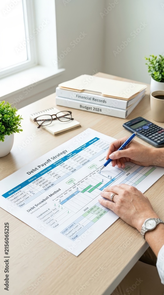 Obraz premium Person reviews financial charts and budget documents with a laptop and calculator at home, personal finance, investment analysis, expense planning, money management.