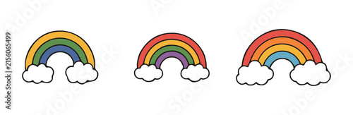 Set of cute rainbow with clouds icon in doodle style for any design.