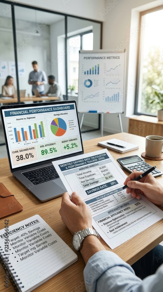 Obraz premium Laptop displays a savings rate calculator beside financial planning documents in an office, personal savings, financial analysis, money management, savings strategy.