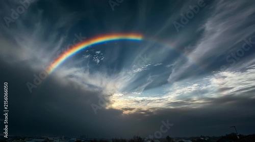 Surreal photorealistic square-shaped rainbow appearing across a vast landscape, with vivid spectral colors, soft atmospheric haze and natural light creating an unusual yet visually believable phenomen