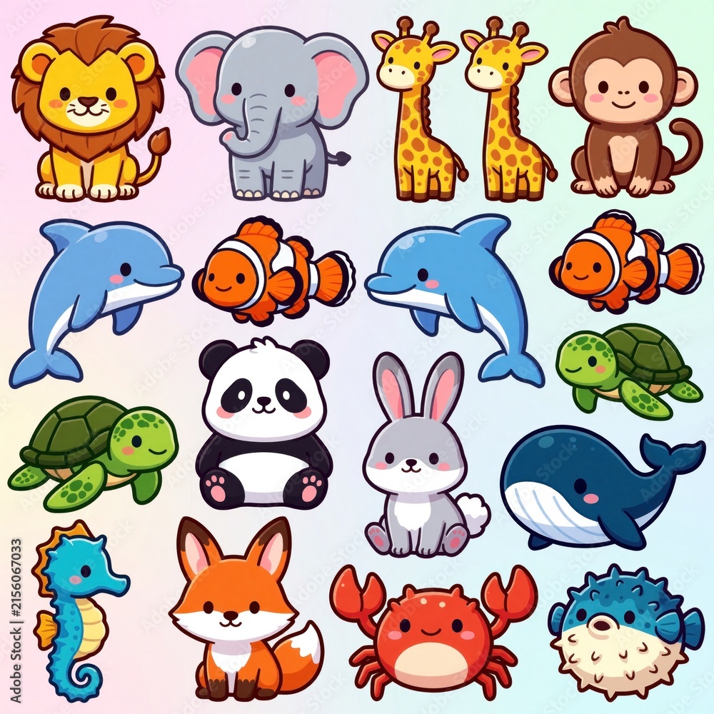 Naklejka premium Cute cartoon animals collection featuring lion elephant giraffe monkey dolphin clownfish panda turtle rabbit whale fox crab seahorse pufferfish. Perfect for kids decor.
