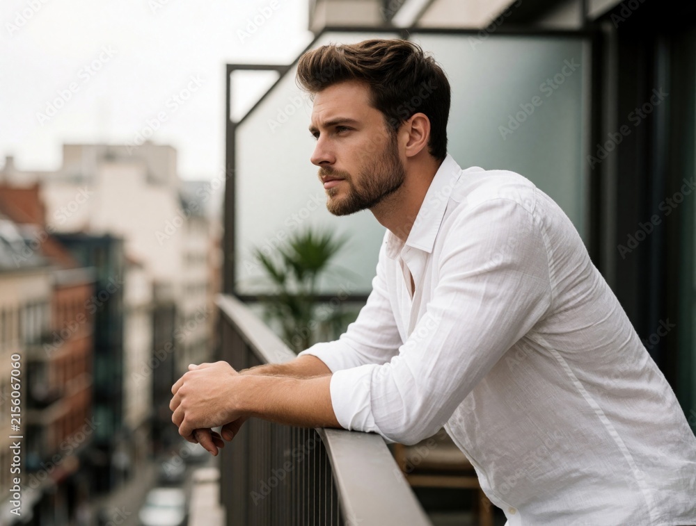 Fototapeta premium Pensive young man in white linen shirt leans on balcony railing. Handsome male with beard looks away, thinking in urban city environment. Thoughtful person spends time alone on terrace, enjoying