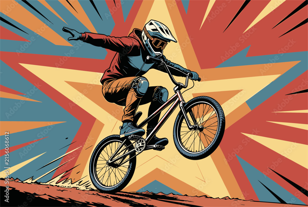 Fototapeta premium BMX bicycle rider performing a spectacular jump stunt in front of a colorful explosive retro starburst background.