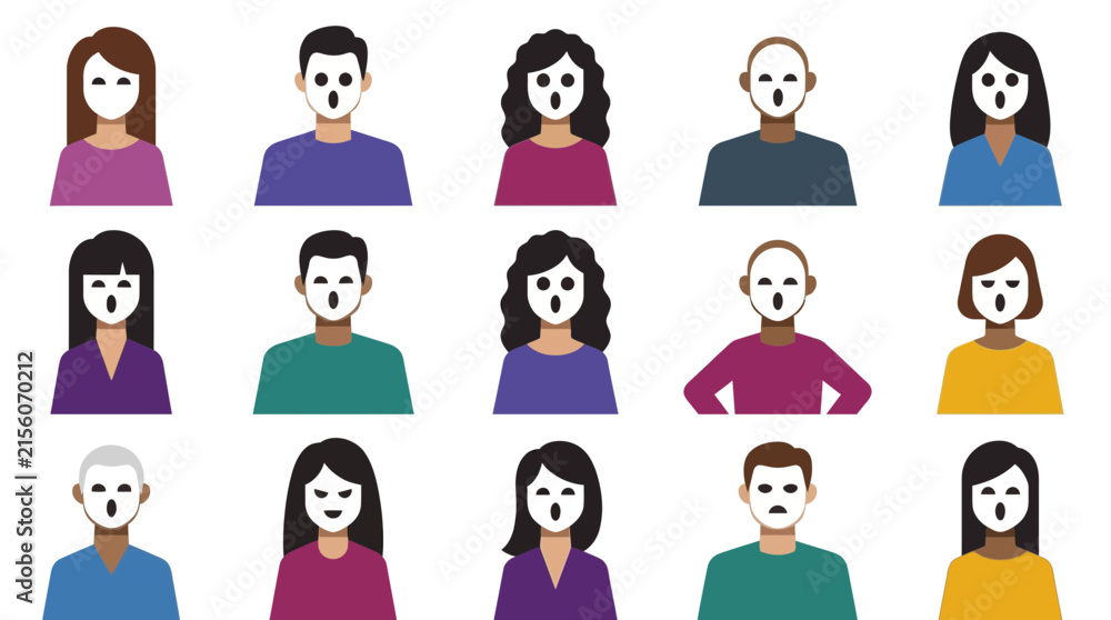 Obraz premium Halloween Surprised People, Shocked Faces, Amazed Emotions, Cartoon Avatars, Flat Vector Set, Diverse Characters, Expressive Crowd, User Profile Icons isolated on White Background Halloween