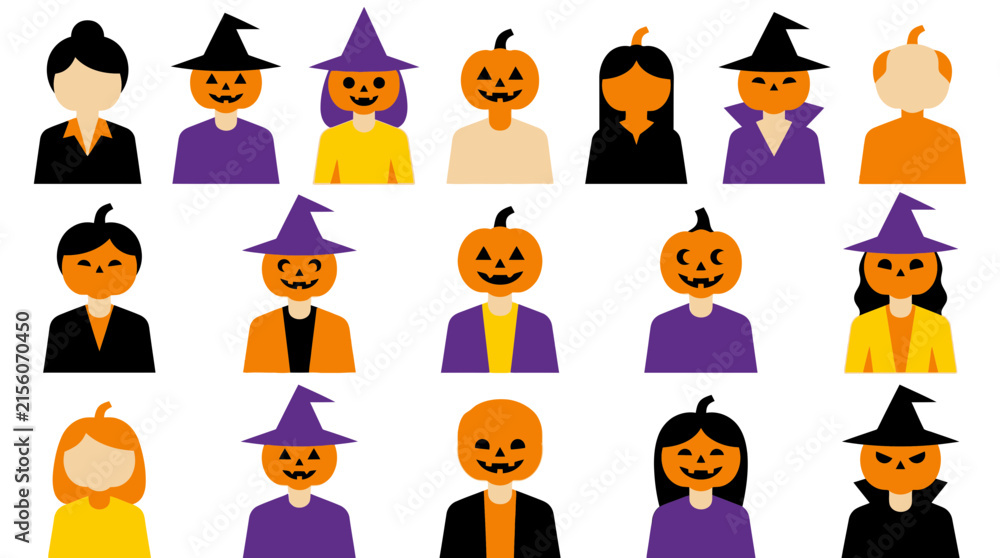 Obraz premium Halloween Halloween avatars with pumpkin heads. Collection of spooky and funny character icons. Costume party vector illustrations with witch hats and jack o lanterns. isolated on White