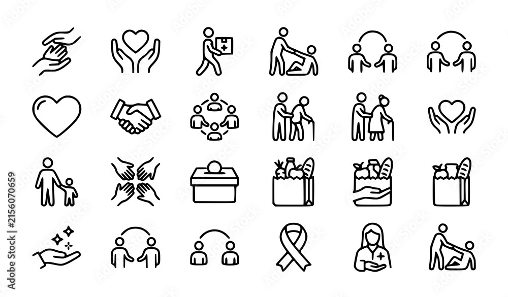 Obraz premium Human Care Social Help and Charity Outline Icons Set