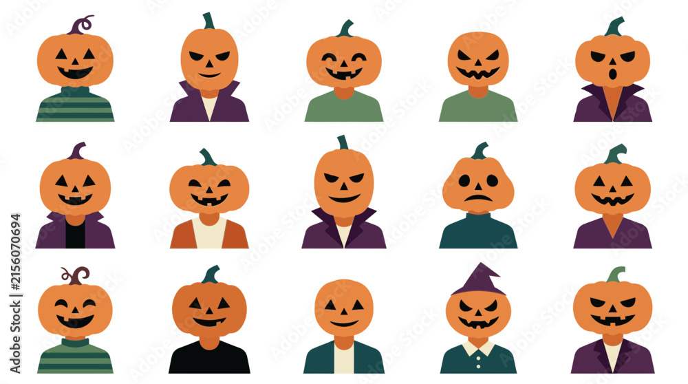 Fototapeta premium Halloween pumpkin character set. Orange jack o lantern avatars with costumes. Flat vector icons for design, spooky holiday, and autumn occasions isolated on White Background Helloween