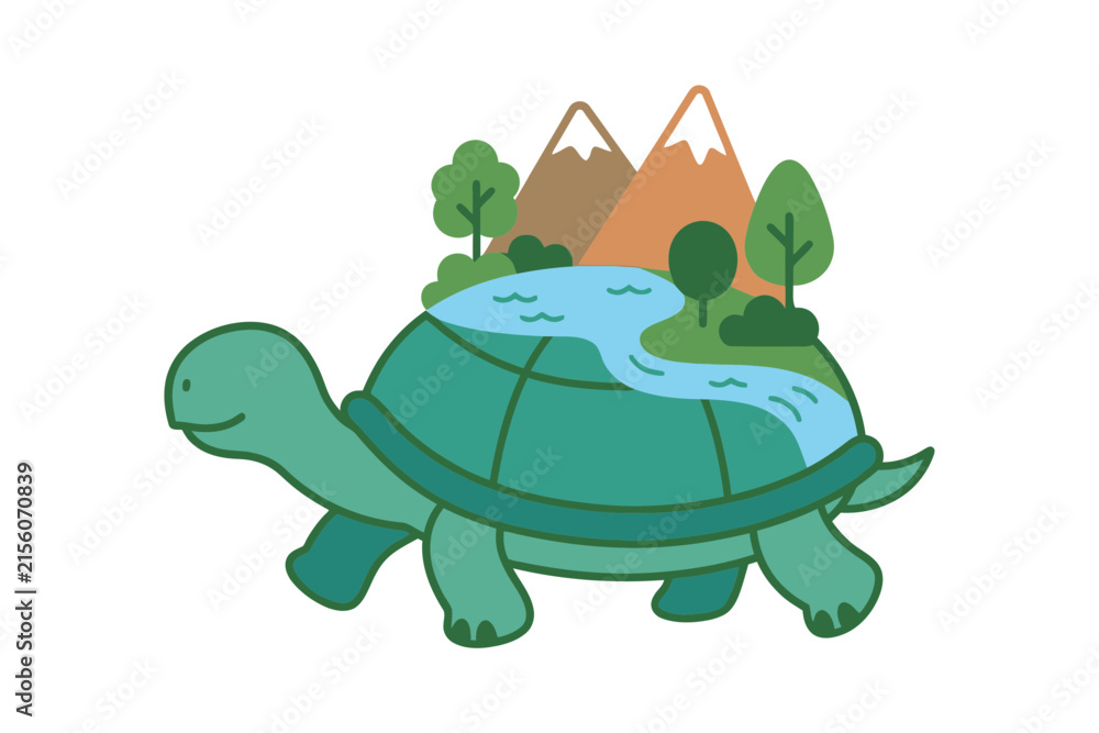 Obraz premium Creative illustrated turtle carrying a miniature landscape on its back with mountains trees and river representing nature and eco friendly concept.