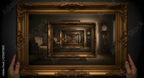 A surreal recursive wooden frame display celebrating the artistic vision captured during the annual world photography day event