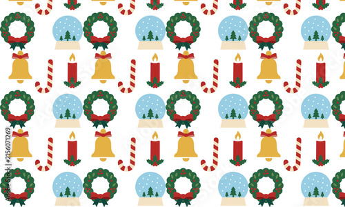 Seamless Christmas Pattern with Wreaths, Snow Globes, Bells, Candles and Candy Canes