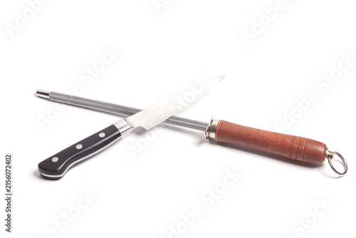 Knife sharpener and knife isolated on white.