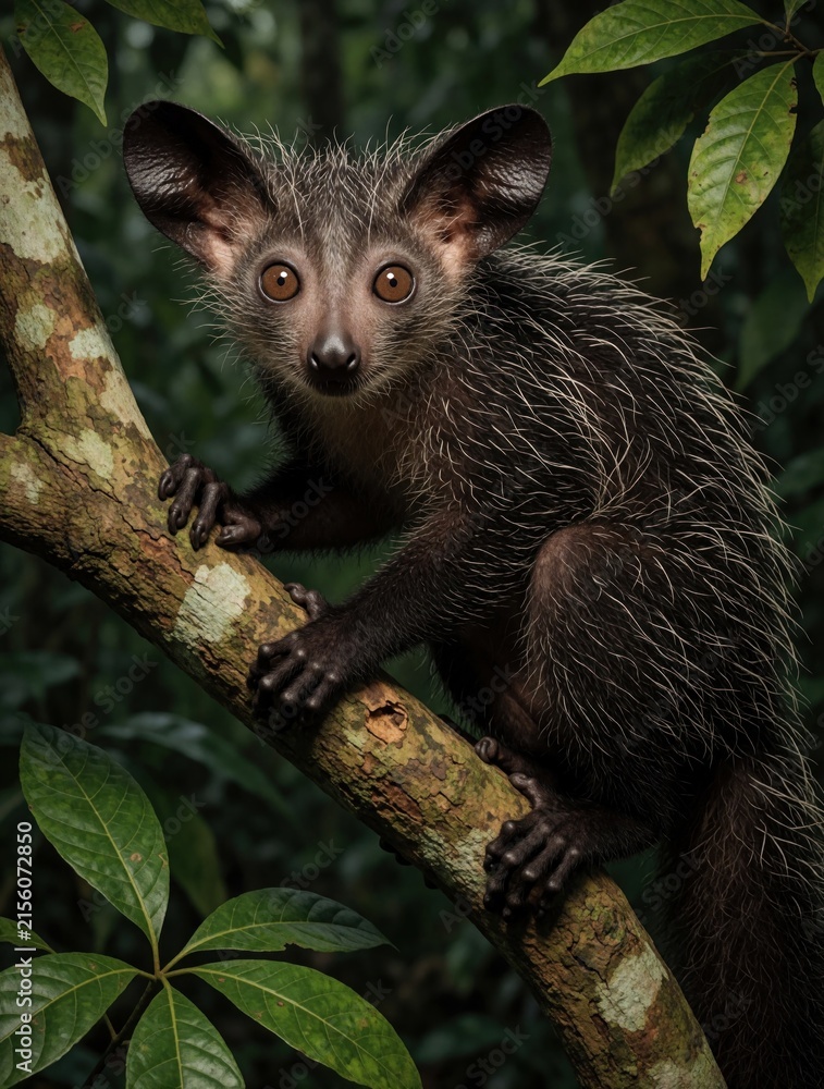 Naklejka premium Aye-aye primate perches on a tree branch in Madagascar rich forest. This unique nocturnal mammal uses its long finger to find insects for food.