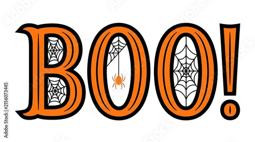 Orange boo halloween text design with spider webs isolated on white background