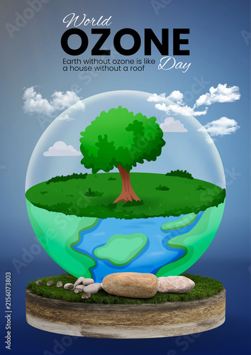 World Ozone Day concept with tree inside a globe illustration and blue background