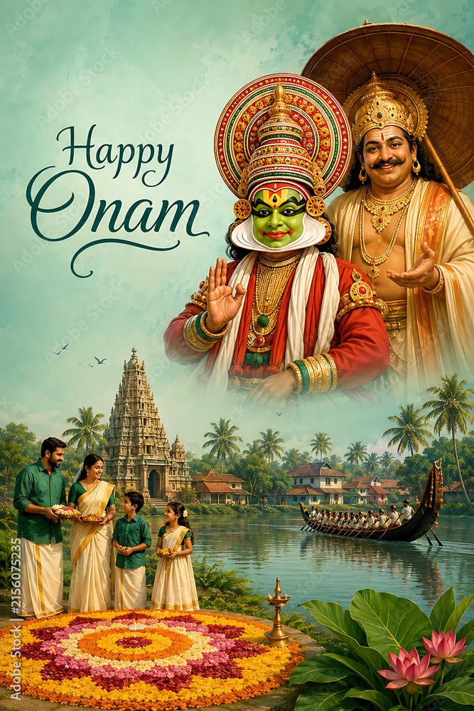 Naklejka premium Majestic king mahabali alongside kathakali artist and family making floral rangoli during happy onam a grand south indian festival in kerala culture