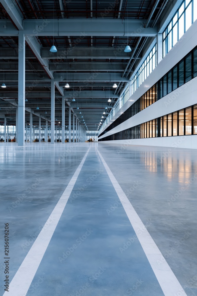 Fototapeta premium Large open factory hall with glossy concrete floor, central guide lanes and panoramic windows for poster, banner and architectural background