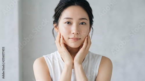 Young Asian girl touching soft face skin promoting facial moisturizing serum