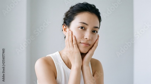 Asian beauty model touching smooth cheek showcasing pure clear complexion