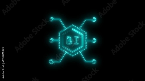 Business intelligence bi neon sign glowing digital circuitry animation for data analytics and tech concepts