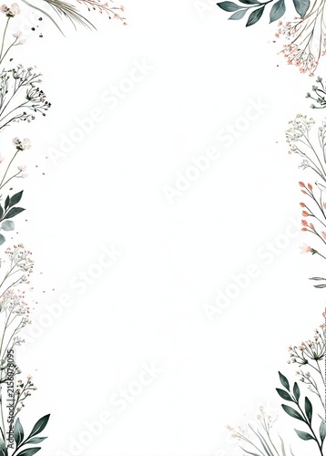 Elegant watercolor botanical border with delicate wildflowers, green leaves and soft pastel accents surrounding a large white copy space.