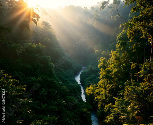 Forêt luxuriante illuminée par des rayons de soleil traversant les arbres avec une rivière sinueuse serpentant dans une vallée verdoyante