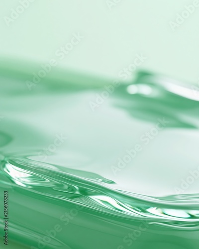 Macro abstract of translucent green gel with glossy flowing waves, soft reflections and subtle irregularities, creating a tactile imperfect background for modern branding and design.