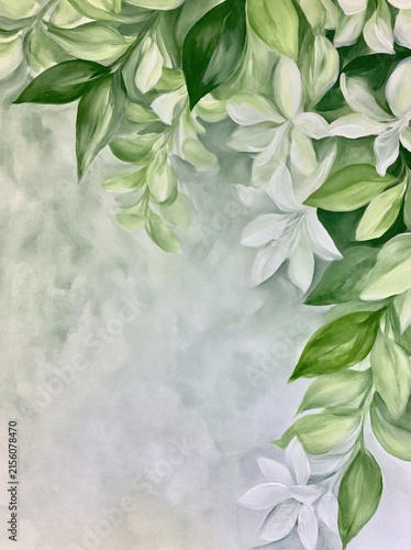 Painterly botanical background with white spring flowers and lush green leaves framing soft textured copy space in an elegant vertical composition.