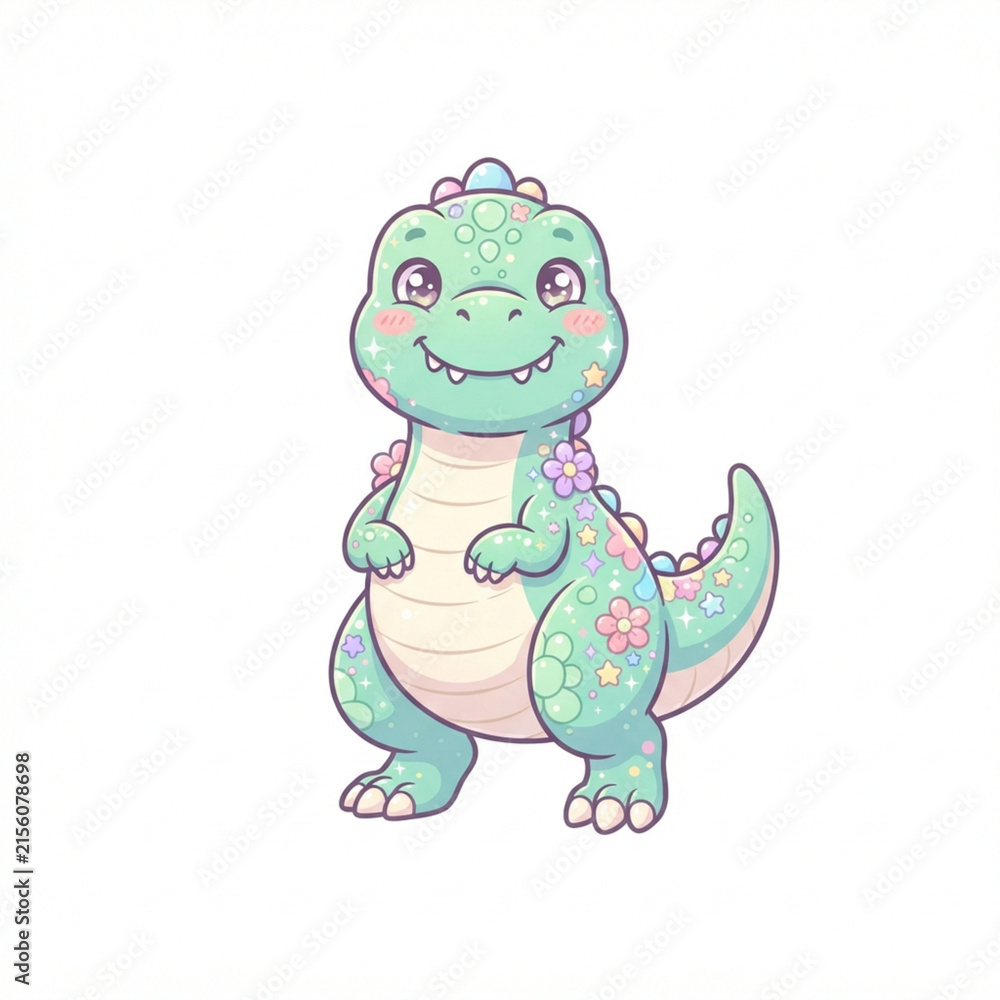 Fototapeta premium Cute Kawaii Baby Dinosaur Illustration with Pastel Colors, Flowers, and Stars; Magical Mint Green Dino Character for Kids Nursery Decor, Stickers, and Whimsical Graphic Design Projects