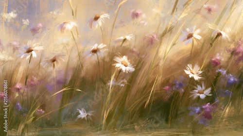 Painterly summer meadow filled with white daisies, delicate wildflowers and golden grasses in warm sunlight, creating a soft romantic botanical landscape.