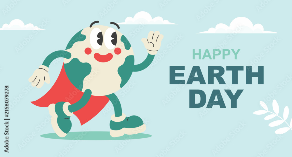 Fototapeta premium Happy Earth Day Banner With Cute Superhero Earth Character. Planet earth with red hero cape. Environment Illustration.