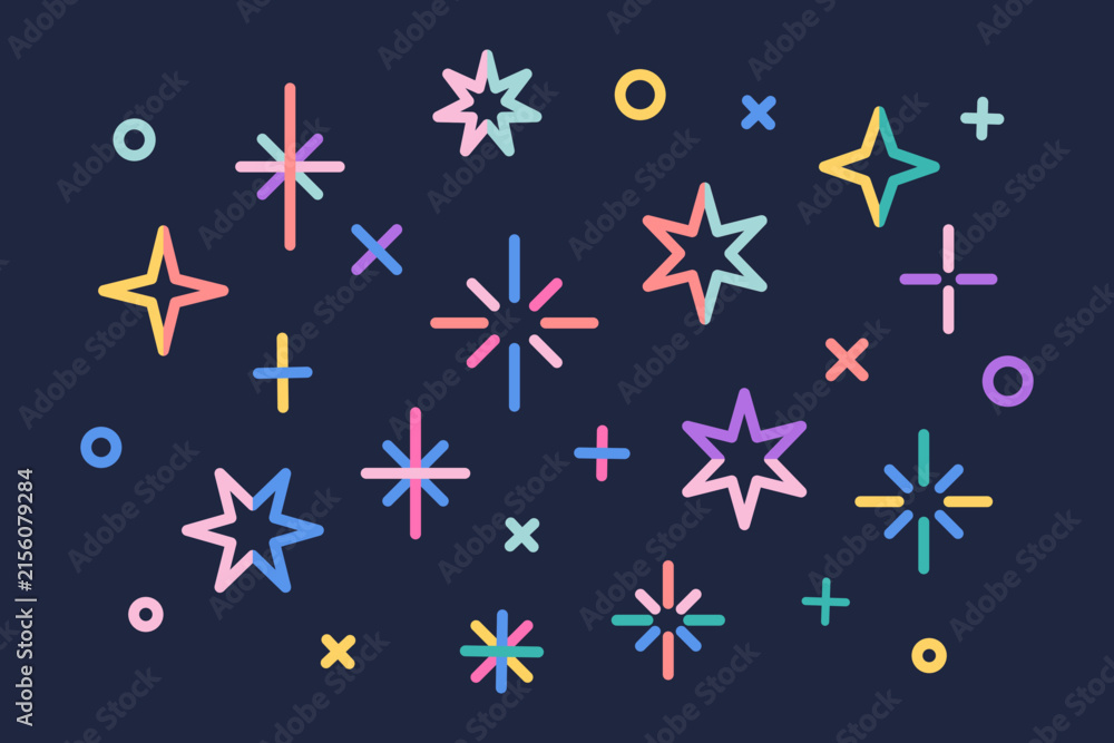 Fototapeta premium Glowing festive light background. Neon stars, sparkles and fireworks on a blue background. Celebration design Illustration.