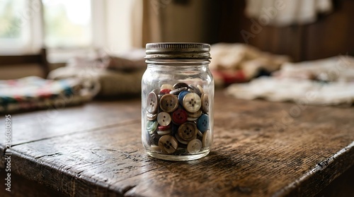Assorted vintage buttons in a glass jar on a rustic wooden table