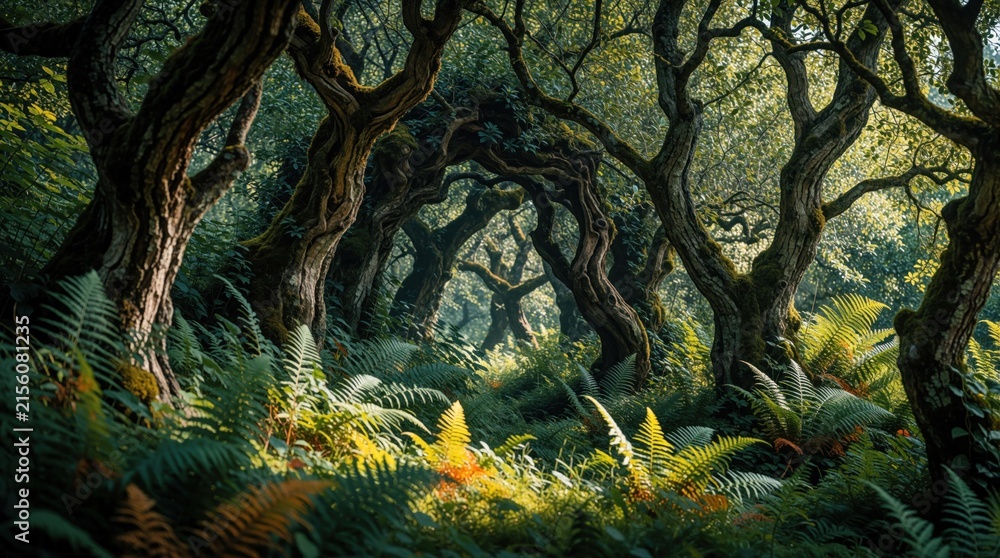 Fototapeta premium Dense old forest with gnarled tree trunks, green ferns. Sunlight filters through thick canopy creating shadows on woodland floor. Mysterious atmosphere in dark with wild vegetation, mossy bark.