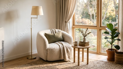 Cozy neutral living room with modern armchair blanket natural light home decor relaxation