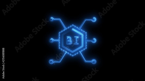 Business intelligence bi neon glowing hexagon with digital circuitry lines animation